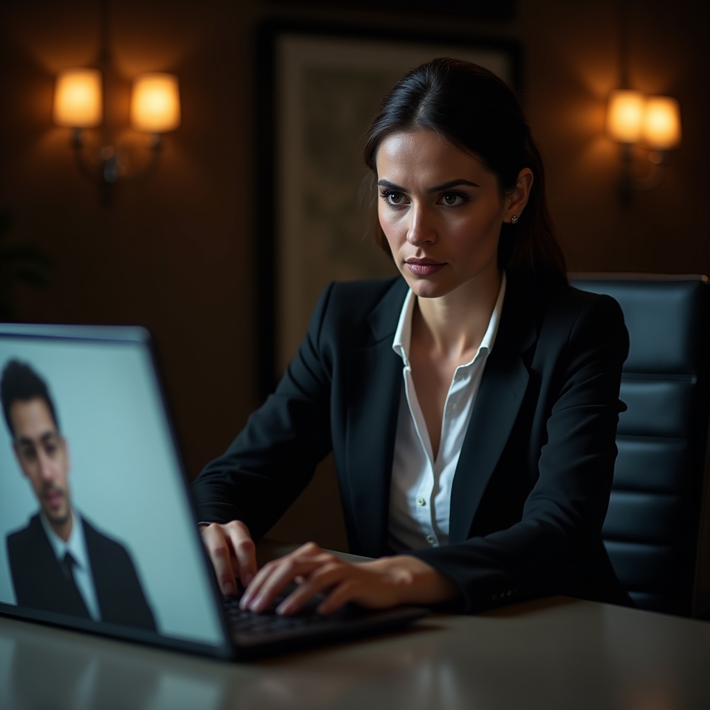 Antreprenoare la laptop, într-o conversație tensionată cu un client